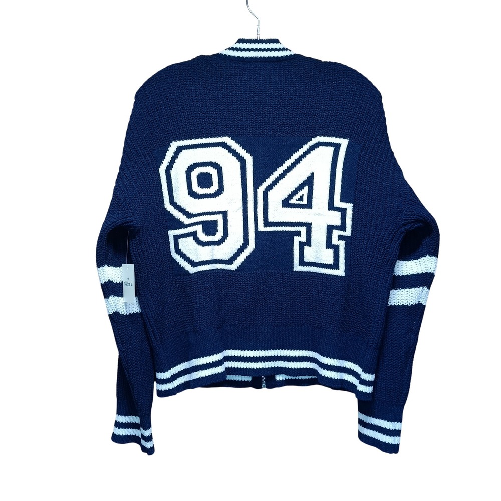 Nikka K Womens L Varsity Cardigan Sweater Navy Blue Full Zip Embroidered NWT